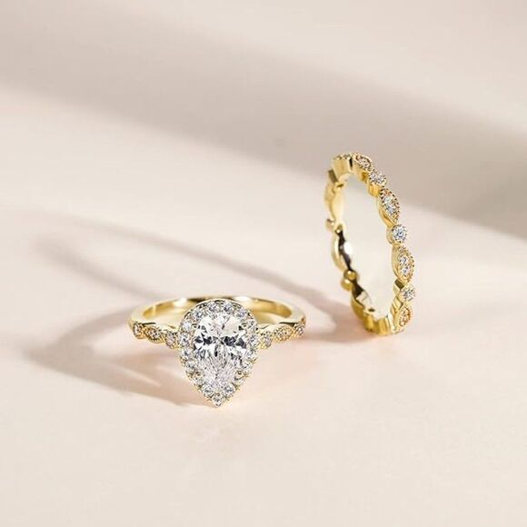 925 Sterling Silver 1.5 CT Simulated Diamond Teardrop Cubic Zirconia SET Wedding - Picture 3 of 4